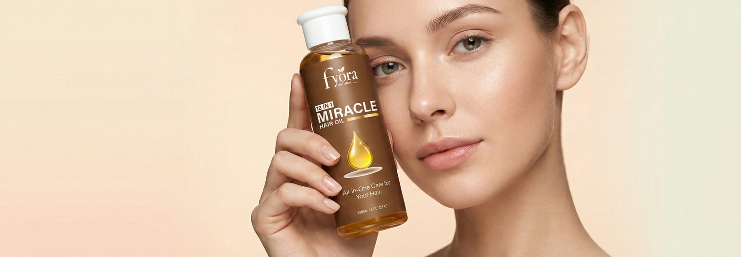 Woman holding a bottle of 'Miracle' skincare product against a beige background
