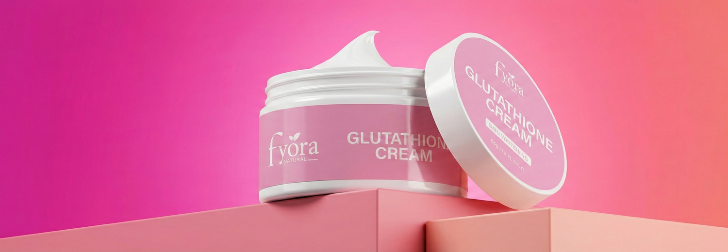 Fyora Glutathione Cream jar on a pink platform with a pink gradient background