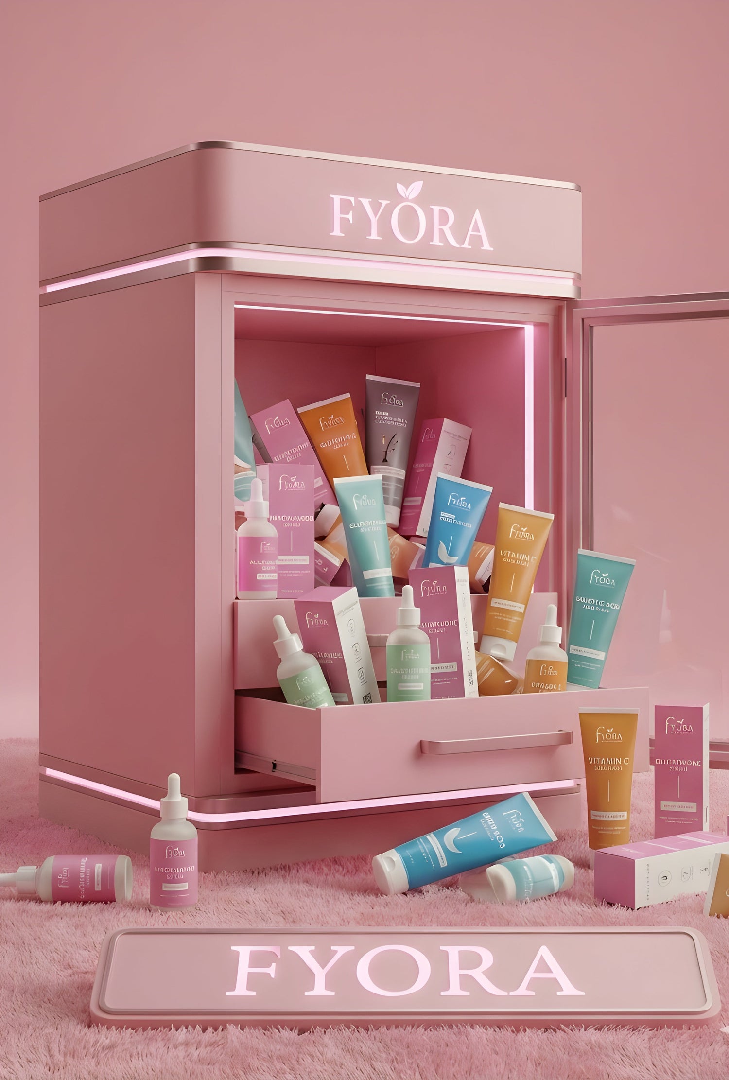 FYORA skincare products displayed in a pink illuminated cabinet on a pink background