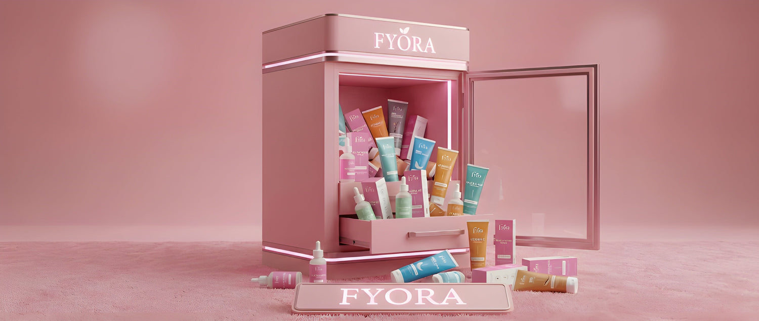 FYORA skincare products displayed in a pink box on a pink background