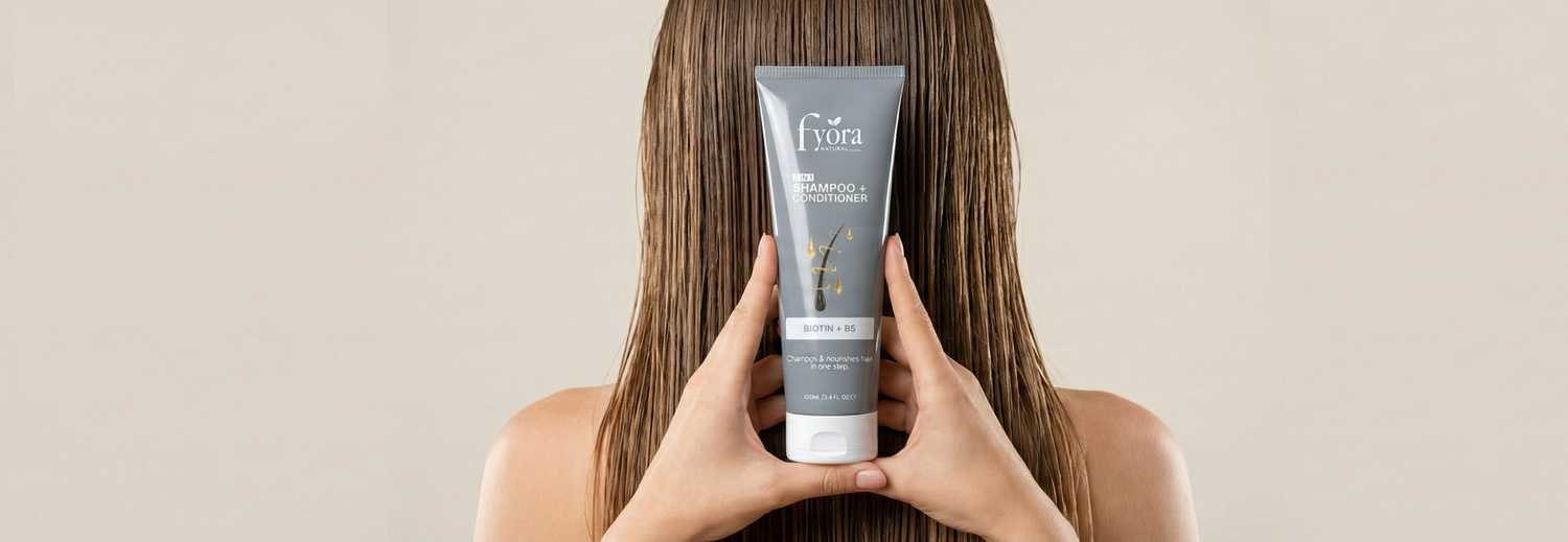 Person holding a Flera hair care product with long hair