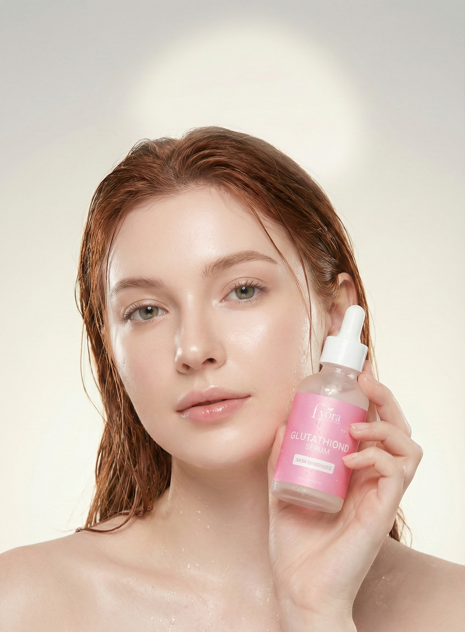 Woman holding a pink skincare dropper bottle against a neutral background